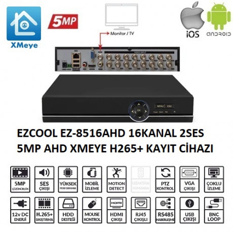 EZCOOL EZ-8516AHD 16 KANAL 5 MP 1HDD XMEYE KAYIT CİHAZI (XMEYE)