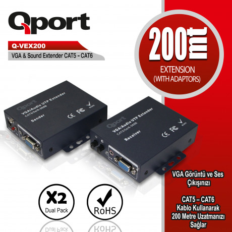 QPORT Q-VEX200 VGA EXTENDER CAT6 200M 2 Lİ PAKET 